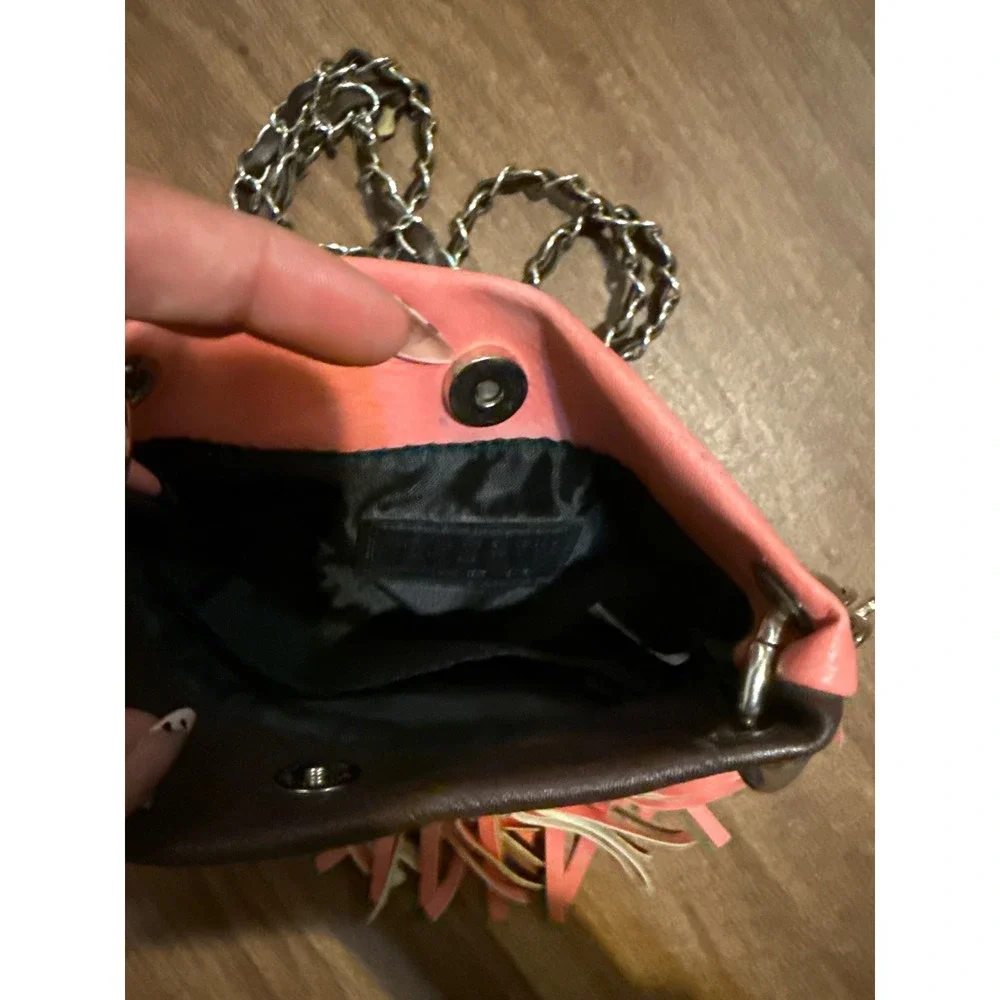 BHW Pink Brown Faux Leather Rhinestone Skull Fringe Crossbody Bag Western Gothic - Picture 2 of 6